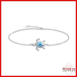Sterling Silver Adjustable Anklet with Opal Turtle Charm, Large Bracelet